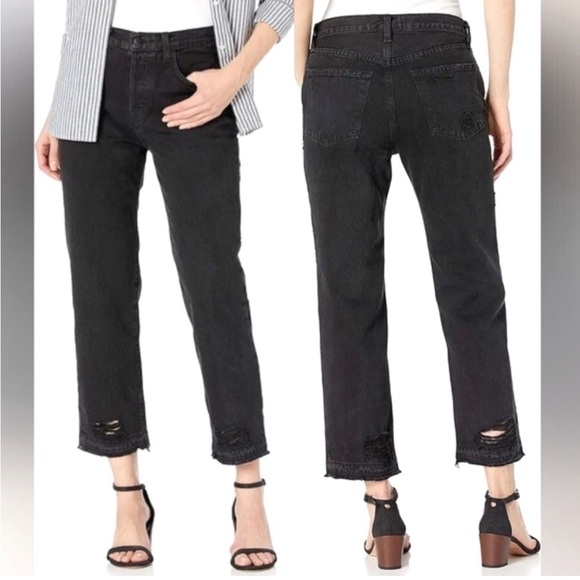 J Brand Denim - J Brand Black High Rise Mom Jeans Distressed Raw Hem Size 28